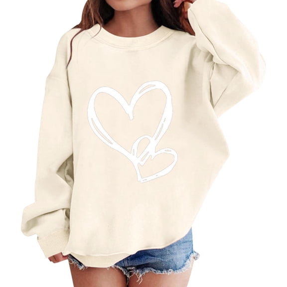 Abcomgle Valentines Day Sweatshirt Girls Size 10-12 Cute Love Heart Pullover Sweatshirts Crewneck Long Sleeve Kids Sweaters Girls Comfort Winter Clothes for Tween Girls,Beige,7-8Years