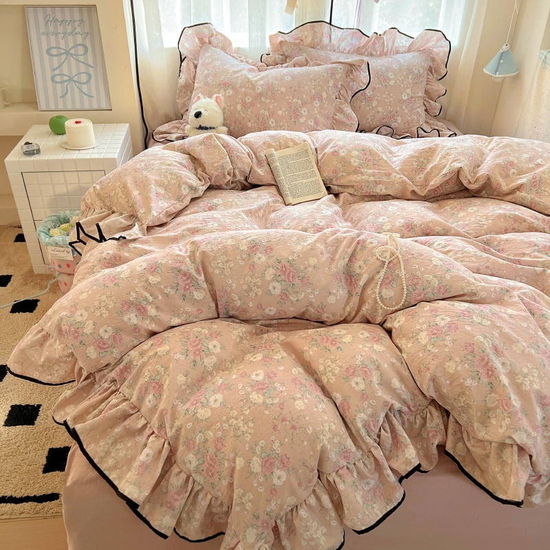 Floral Ruffle Duvet Cover Set Twin Size Pink Flowers Black Edge Bedding Duvet Cover with Zipper Closure Reversible Comforter Duvet Cover and 2 Pillowcases