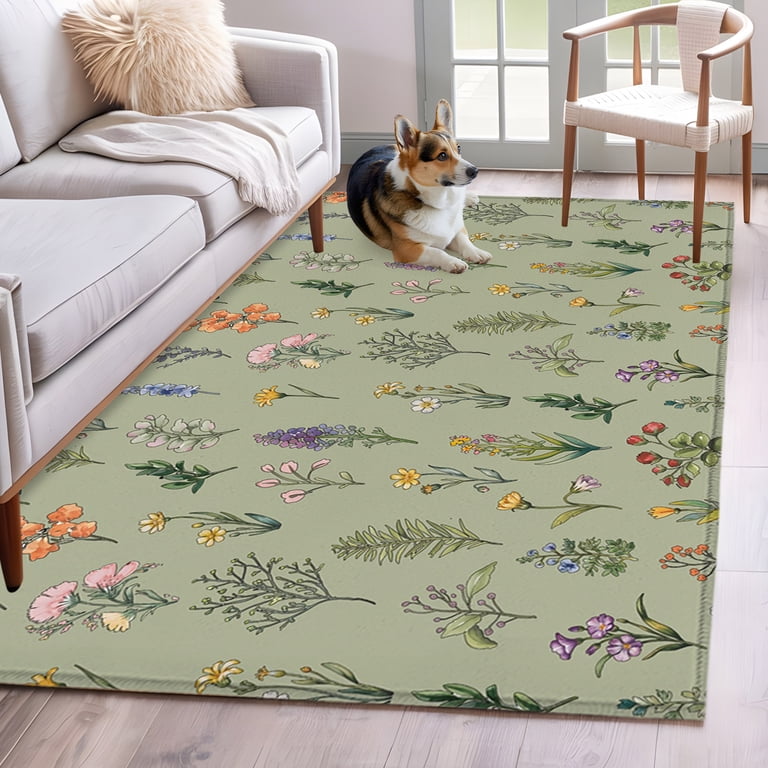Sage Green Wildflowers Living Room Rug 4x6 Washable Area Rug for 