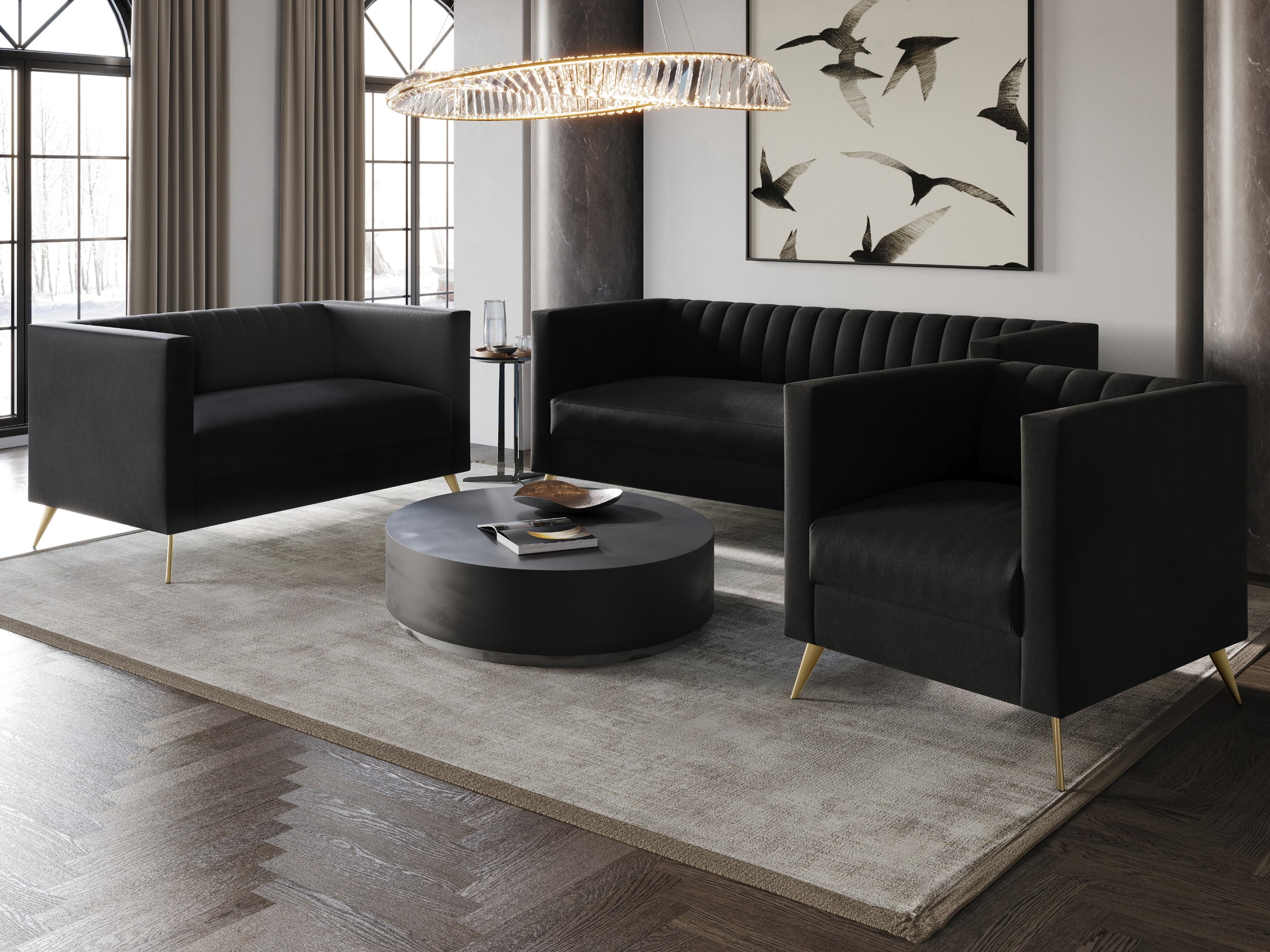 Home Design Weiss Velvet Square Arm Chair with Channel-Tufted Back and Gold Metal Legs, Modern Upholstered Living Room Seating, Black