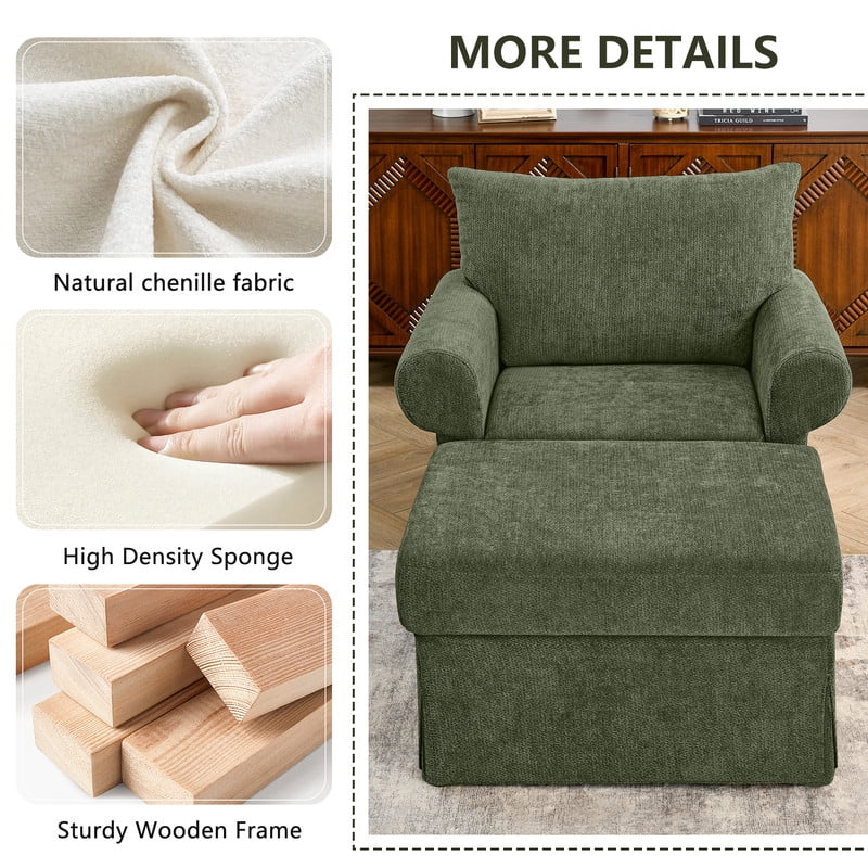 Oversized Single Sofa Chair w/ Ottoman Set, Chenille Accent Chaise Lounge, Modern Upholstered Armchair w/ Backrest Pillow
