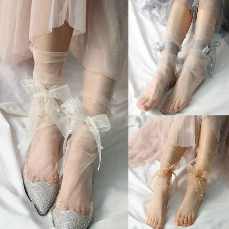TINYSOME Women Ultra-Thin Sheer Slouchy Ankle Socks Sweet Ribbon Bowknot  Imitation Pearl Beading See-Through Mesh Tulle Stockings 