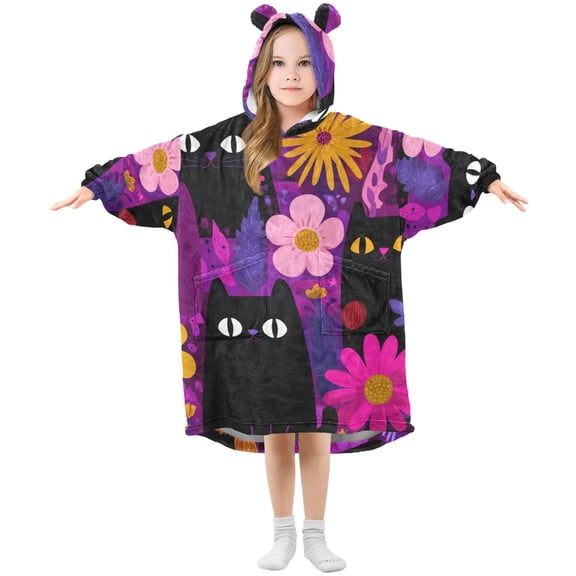 Purple Background Black Cute Cats Flannel Wearable Blankets Hooded Design Long Sleeves Wrap Unisex for 3T-14Y S