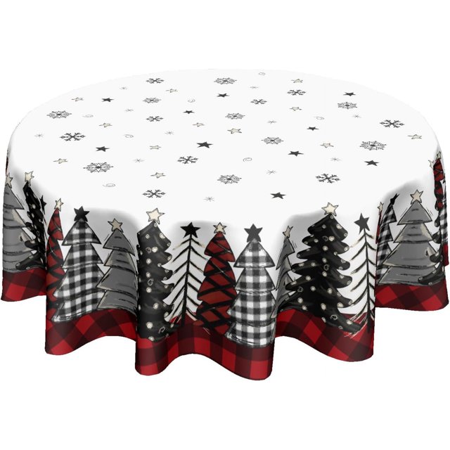 Christmas Round Tablecloth 60 Inch Winter Christmas Trees Snowflake Black and Red Buffalo Plaid Table Cloth Christmas Holiday Polyester Circle Table Cover for Dining Room Home Decor