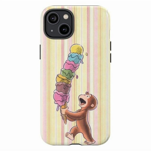 Curious Monkey Ice Cream Cone Phone Case, Fun Colorful Cartoon Design on Striped Background for iPhone 16 15 14 13 12 11 Pro Max Plus Mini