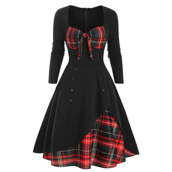 Conairie Flowy Dresses for Women Stripes Print V Neck Loose Stretch Elegant Long Sleeve Swing Dress Comfort Wedding Guest formal Dresses Black L