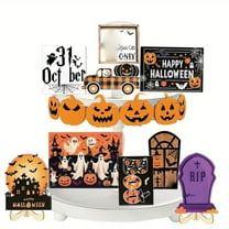 JIhuahe Wooden Happy Halloween Tray, Pumpkin Castle Craft Serving Platter for Holiday Parties, Candy Display,and Festive Table Decor