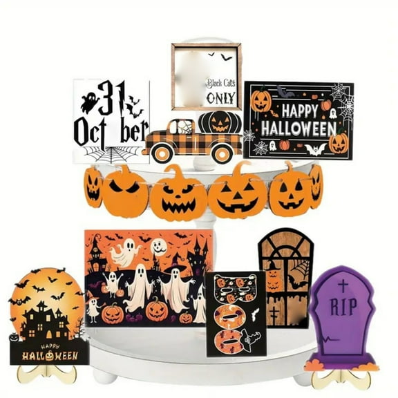 JIhuahe Wooden Happy Halloween Tray, Pumpkin Castle Craft Serving Platter for Holiday Parties, Candy Display,and Festive Table Decor