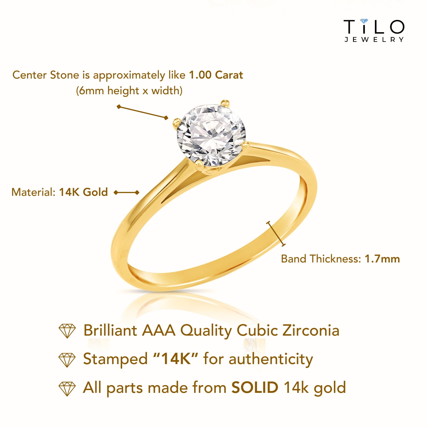 Tilo Jewelry 14K Yellow Gold 1 Carat Solitaire Round Brilliant Engagement Wedding Ring | Size 6 | Classic Engagement Ring for Women