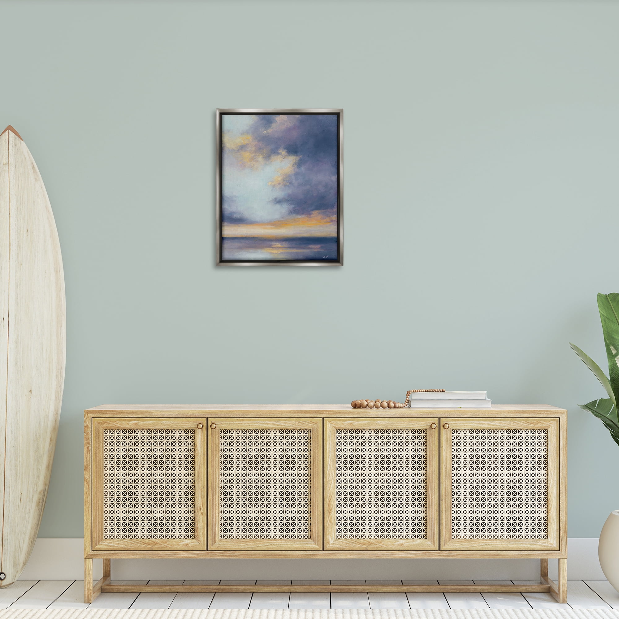 Stupell Industries Light Of Dawn Seascape Landscape Painting Gray Floater Framed Canvas Art Print Wall Art, 25 x 31