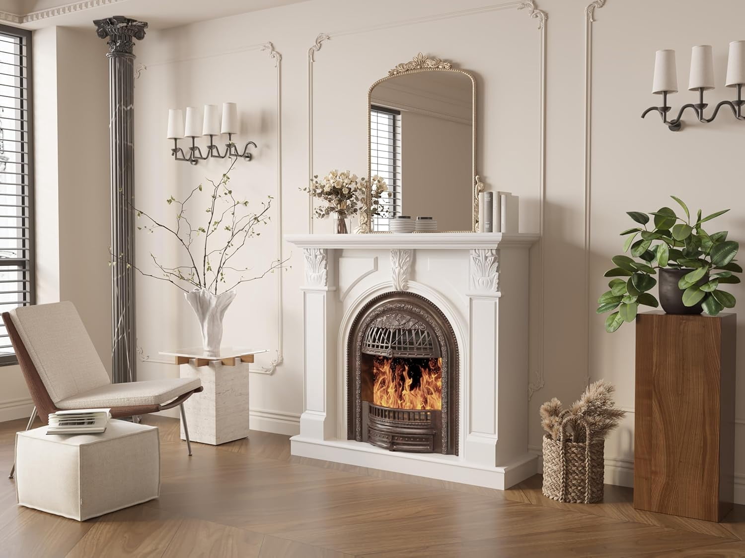 BOSHIRO Electric Fireplace with Mantel, 48 Inch Fireplace Tv Stand with Birdcage Fireplace Heater for Bedroom, Entryway Decor