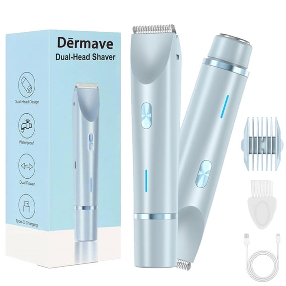 Dermave Shaver Bikini Shaver - Trimmer 2.0 for Women, 2 in 1 Electric Dual Head Razors, Ipx7 Waterproof, USB Charging, Painless Hair Removal for Private Area/Facial/Pubic/Hair Body