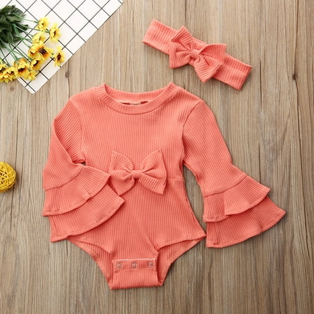 

Spring hue Baby Girls Knitted Solid Romper Long Ruffled Sleeve Triangle Crotch Baby Clothing with Big Bowknot Hairband 2Pcs