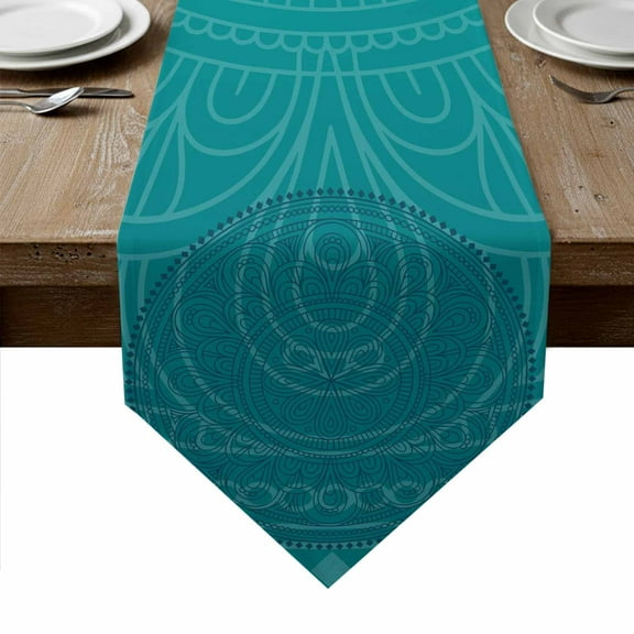Teal Boho Table Runner Linen Burlap Table Runner 36 Inches Small Farmhouse Abstract Geometric Aesthetic Art Dresser Scarves for Kitchen Island Coffee Dining Room Party Holiday Decoration 13"x36"