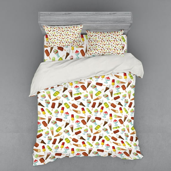 Ambesonne Ice Cream Bedding Set 4 Pcs, Frozen Desserts, Queen, Multicolor