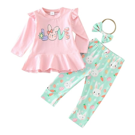 

Baby Girls Casual Outfit Sets Long Sleeve Easter Rabbit Prints T Shirt Tops And Pants Headbands Outfit Sets 3 Piece 18-24 Months