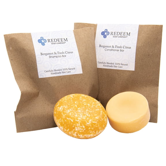 Redeem Soap Company Sulfate-Free Zero Waste Bath Bar Twin Pack with Shampoo and Conditioner, Bergamot and Fresh Citrus