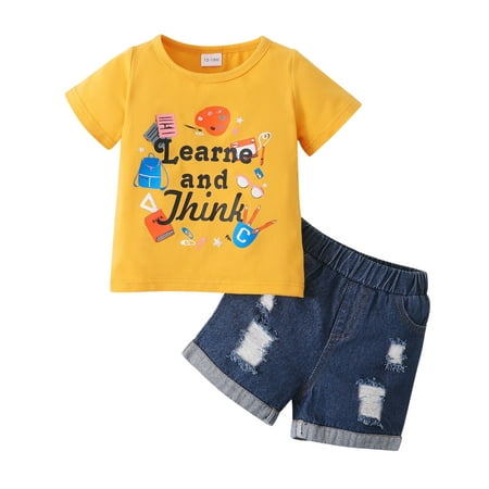 

JDEFEG 12Mo Boy Clothes Kids Toddler Boy Clothes Casual Short Sleeves Letter Prints Hole Jeans Shorts Pants 2Pcs Outfits Set Toddler Boy Clothes 2T Cotton Blends Yellow 100