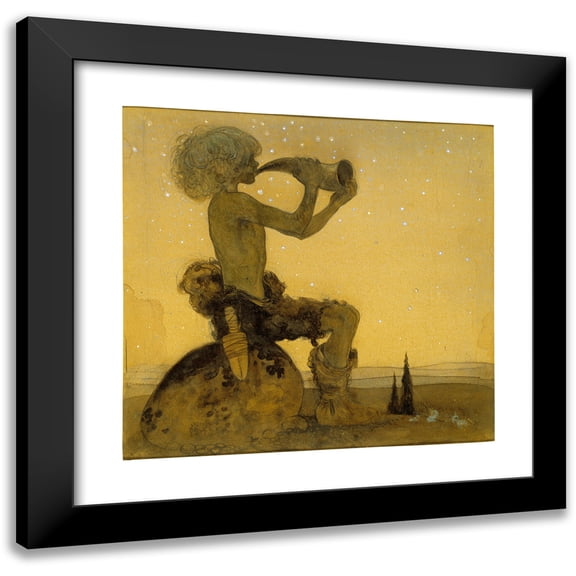 John Bauer 13x12 Black Modern Framed Museum Art Print Titled - Vill Vallareman (A Fairy Shepherd) (1910)