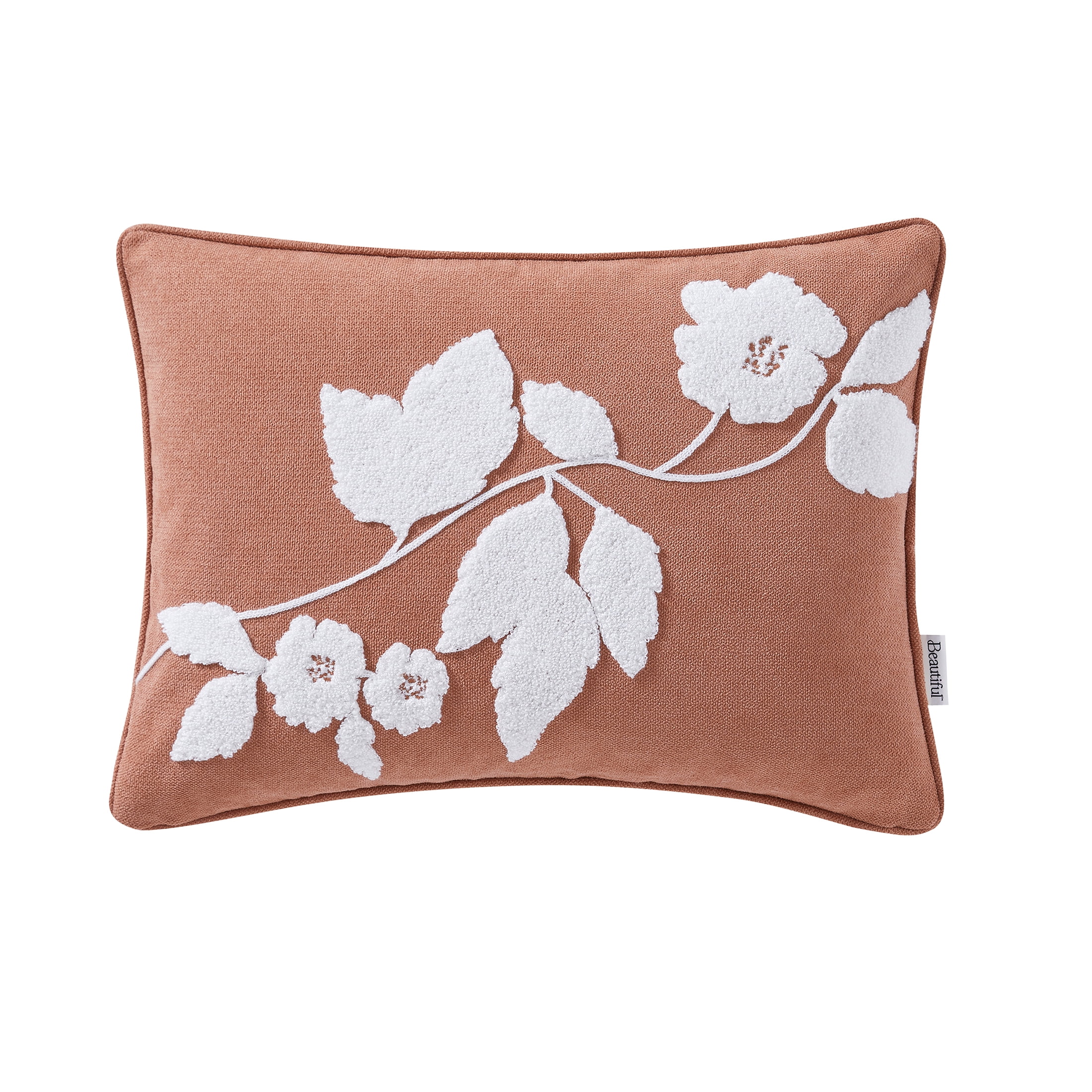 (2 pack) Beautiful Boucle Embroidered Floral Decorative Pillow by Drew Barrymore, 14" x 20", Terracotta