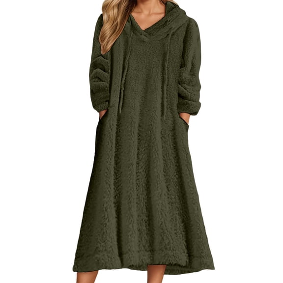 DHFJKG Womens Pajamas Fluffly Robe Hoodies Dress Loungewear Double-Sided Plush Long Sleeve Hooded Drawstring Pullover Homewear Versatile Home Clothes