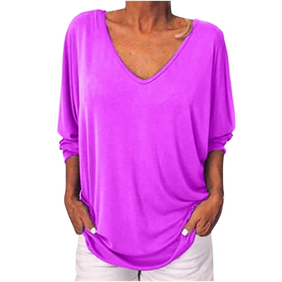 Aoochasliy Blouses for Women Women's Fashion V-neck T-shirt Tops Bat 3/4 Sleeve Solid Color Blouse