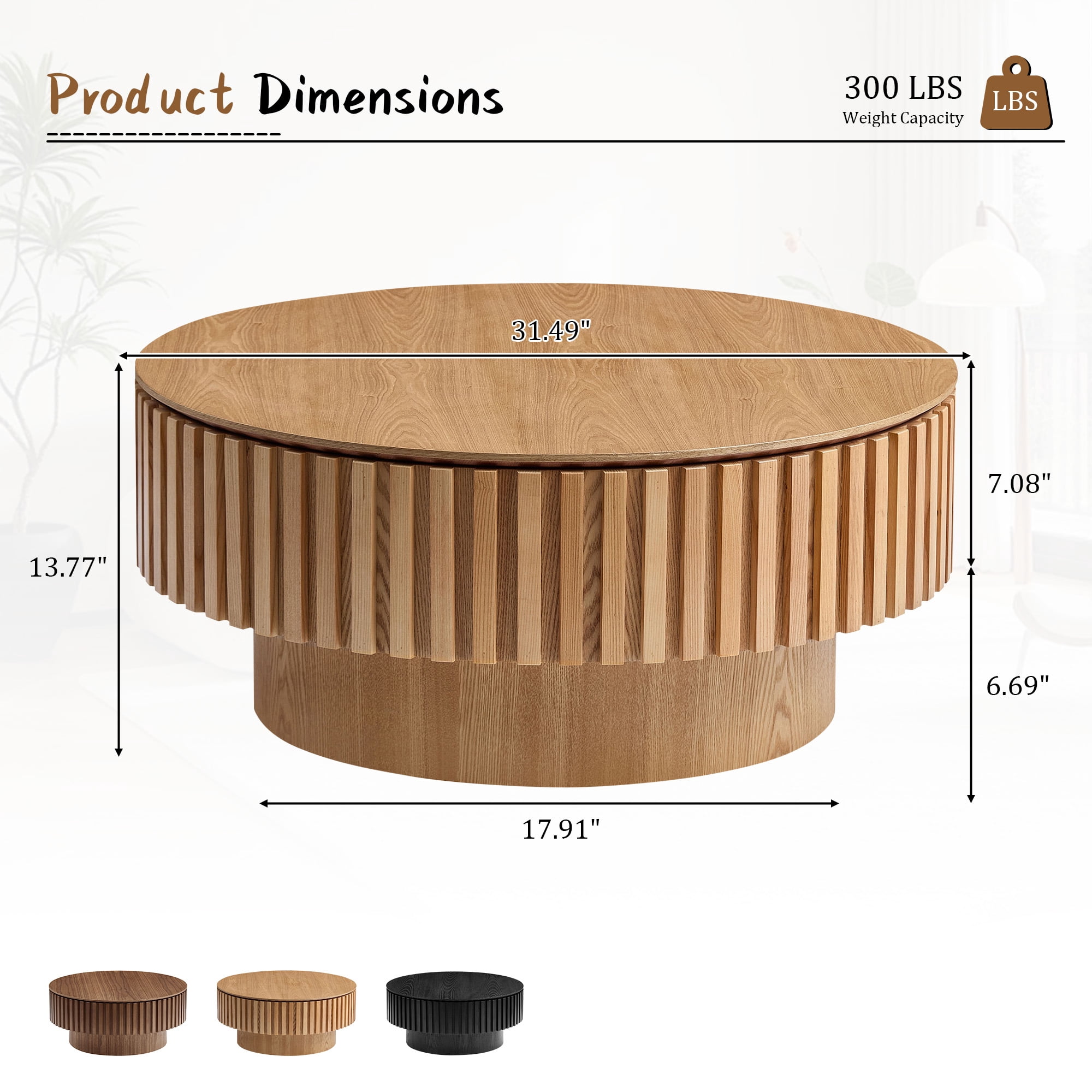 FFH 31.5" Round Coffee Table with Storage, Small Wood Coffee Table with Sturdy Pedestal for Living Room, Apartment, Ash
