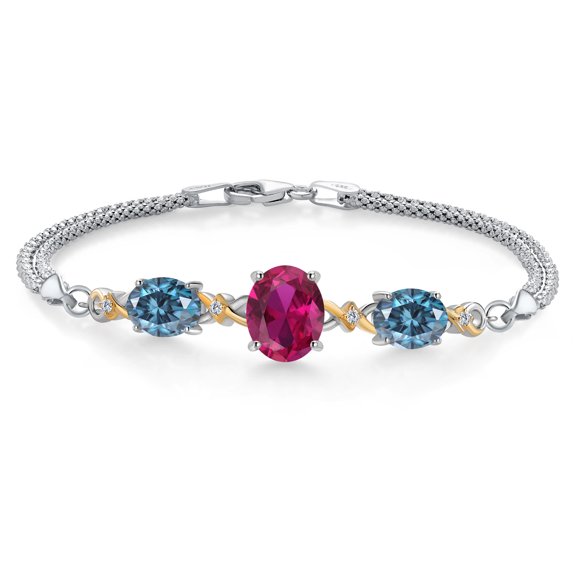 925 Silver and 10K Yellow Gold Red Created Ruby and Persian Blue Moissanite and Lab Grown Diamond Bracelet for Women (5.82 Cttw, July Birthstone, Oval 10X8MM and 8X6MM, 6.5/7/7.5 inch, Made in Italy)