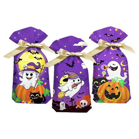 Harliver 50pcs Halloween Candy Bags, Halloween Goodie Treat Bags with Drawstring, Halloween Goodie Bags Party Bags For Kids Plastic Gift Bags Party Supplies Decorati, Purple