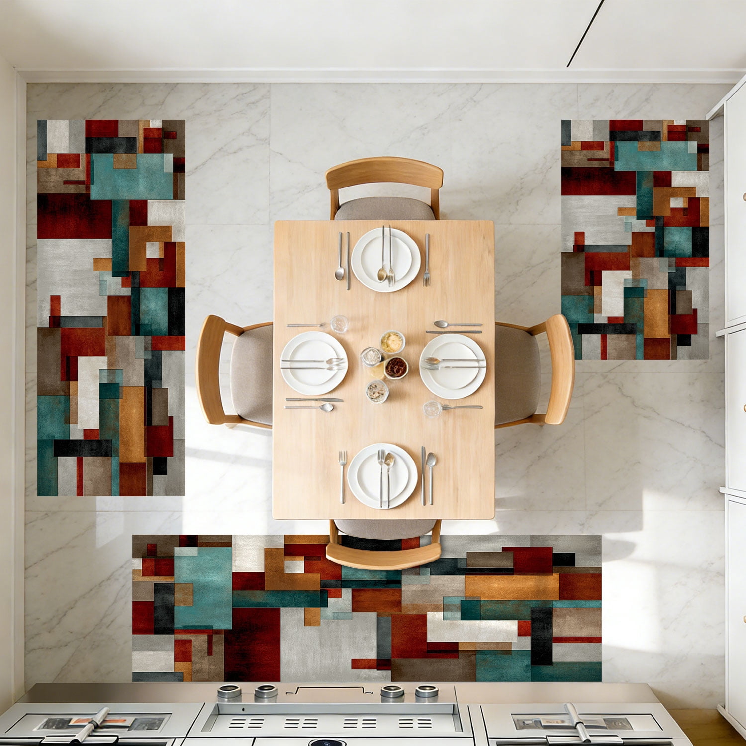 3 Piece Kitchen Rug Set, Abstract Pattern Kitchen Hallway Rug, Soft And Comfortable, Suitable For Sinks, Floors, Entrances, Hallways And Bathrooms