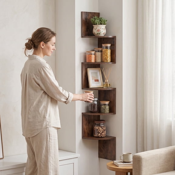 Rustic Brown 5-Tier Wall Mount Corner Storage Shelf