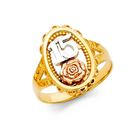 Solid 14k White Yellow and Rose Three Color Gold Fifteen 15 Year Birthday Quincea_era Fashion Anniversary Ring Size 7.5
