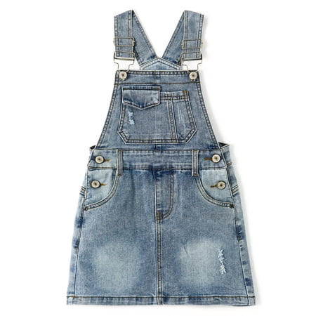 KIDSCOOL SPACE Girls Denim Skirts,Baby Girls Ripped Soft Stretchy Jeans Overall Dress,Light Blue,9-12 Months