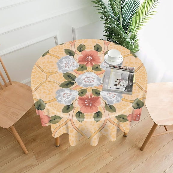 RKSupls 60 Inch Round Tablecloth, Lattice Peony Garden Premium Polyester Straight Edge Wrinkle Resistant Washable Table Cover for Party Home Dining Decor