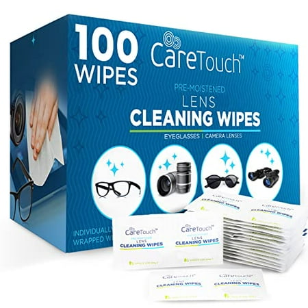 Care Touch Lens Wipes for Eyeglasses | Individually Wrapped Eye Glasses Wipes | 100 Pre-Moistened Lens Cleaning Eyeglass Wipes