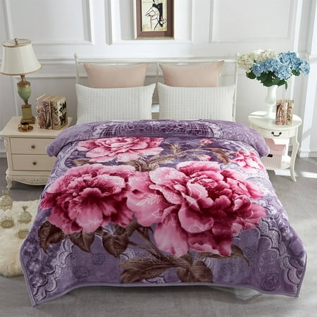 Soft Purple Blanket Soft Warm Plush Reversible Bed Blanket Light Purple Flower Printed Blanket 76 x 86 inches ()