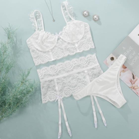 White lace embroidery 3 pc set lingerie, Sexy lingerie Set