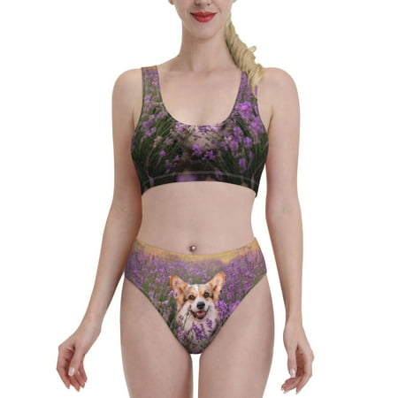 Bixox Dog in Lavender Flowers Pattern Two-Piece Sports Bikini with U-Shaped Top and High-Waist Bottom - Women s Swimwear with Removable Bra Pads