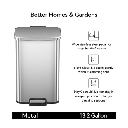 BETTER HOMES & GARDENS KITCHEN TRASH CAN, 13.2 GALLON STAINLESS STEEL STEP GARBAGE BIN WITH SOFT CLOSE LID, SILVER