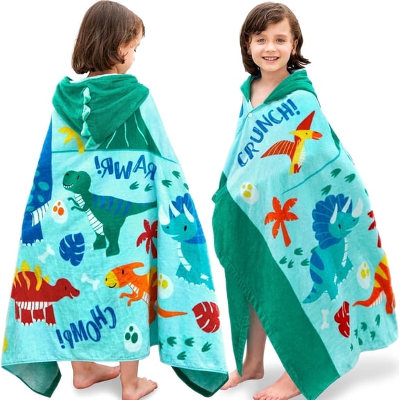 Joyfy Hooded Towels for Kids 100% Cotton Soft Kids Beach Towel 30" x 50" Beach Swim Bath Wrap for 3-8 Years Boys Girls Lightweight with Storage Bag, Green Dinosaur