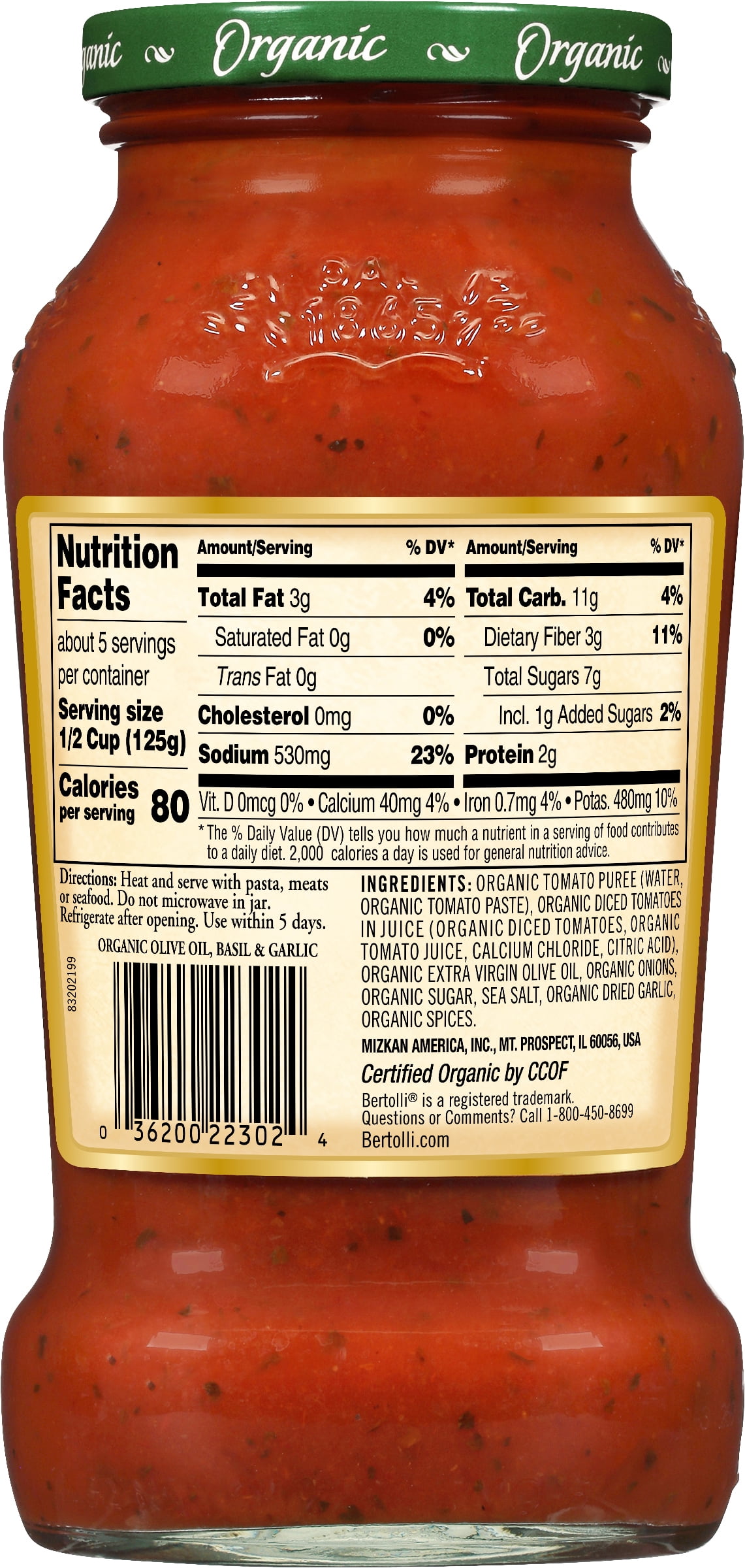 (6 pack) Bertolli Organic Olive Oil, Basil, and Garlic Pasta Sauce, 24 oz