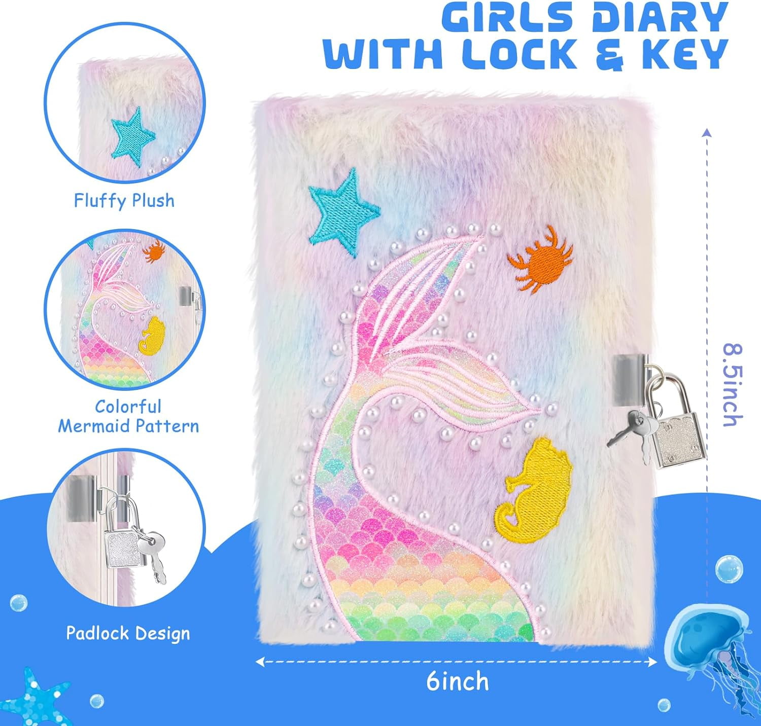 JYPS Mermaid Diary with Lock and Keys,Tie-Dye Fuzzy Journal with 160 Lined Pages,Fluffy Secret Notebook for Writing and Drawing,Pink