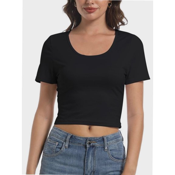 Women's Scoop Neck Short Sleeve Crop Tops Slim Fit T-Shirts