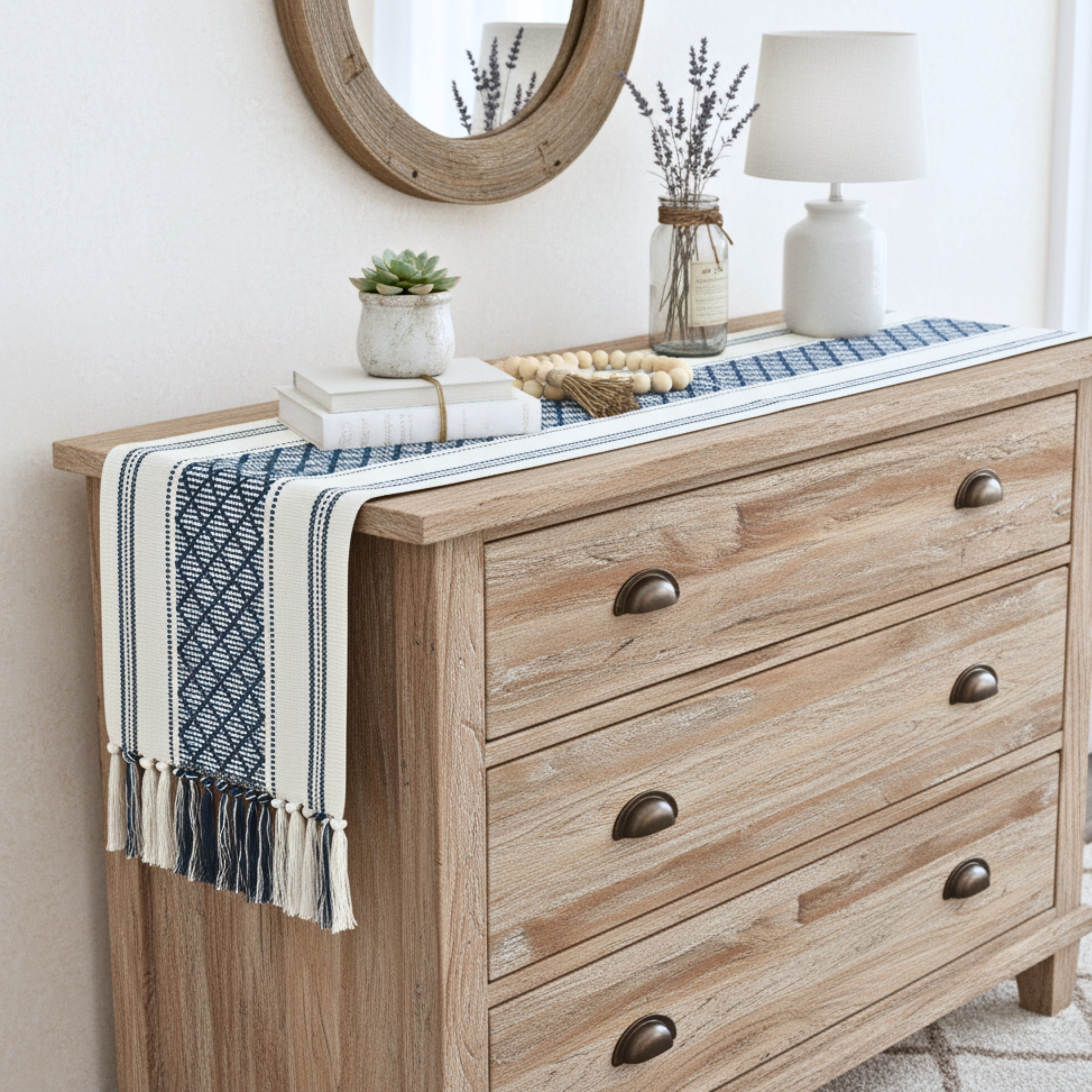 Boho Dining Table Runner with Tassel Fringe 14 x 72 Inches, Navy Blue & Cream | Farmhouse Style Woven Dresser Scarf / Designer Console Table Topper Cover