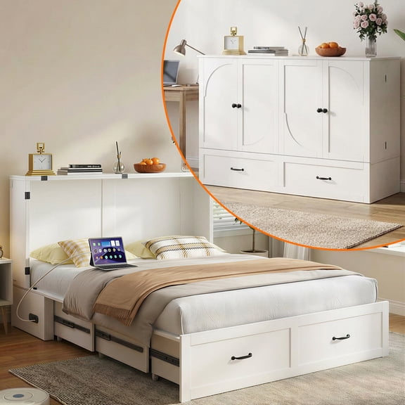 Puremind Queen Size Murphy Bed with Mattress and Charging Station, Cabinet Bed with Storage Drawer, Murphy Bed Furniture for Bedroom/Office/Guest Room, White