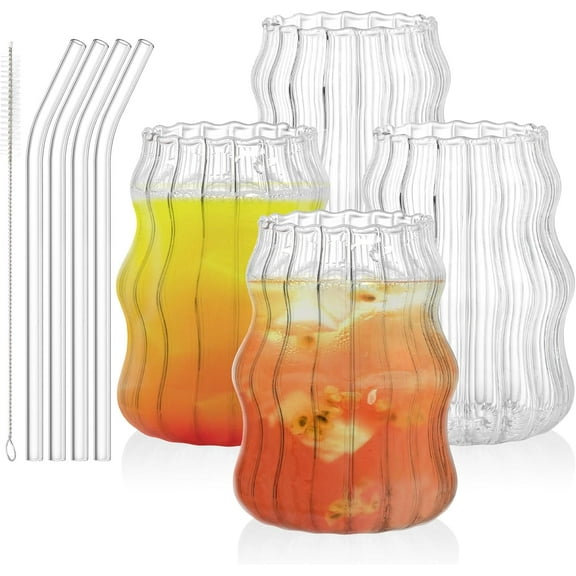 ABPETE  4 Pack Ribbed Aesthetic Glass Cups with Glass Straw, 16Oz Vintage Drinking Glassware Ripple Cocktail Glasses for Iced Coffee Juice Beverage Milk RibbedGlassCups-4pc