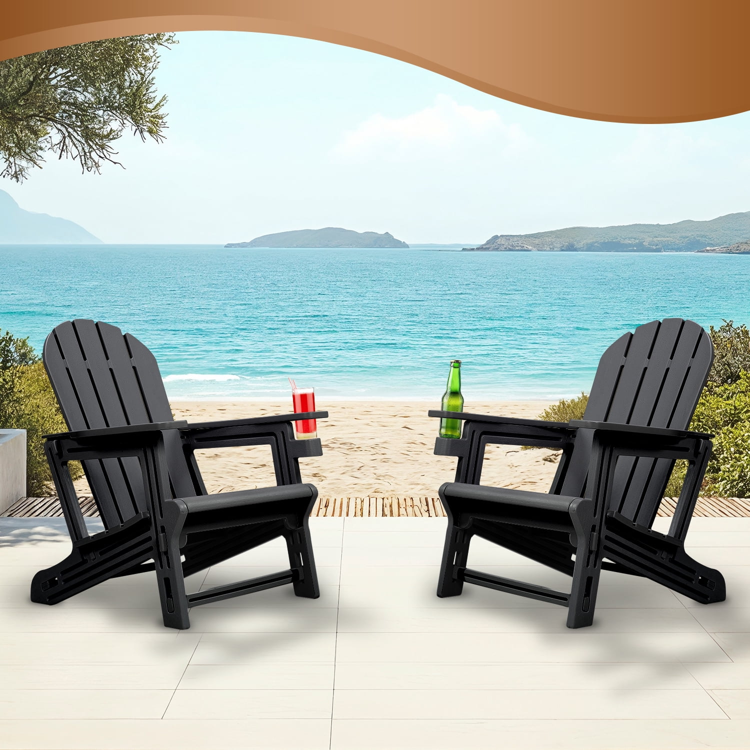 Adirondack Chair, Weather-Resistant HDPE, Tool-Free 5-Min Assembly, Patio/Fire Pit/Lawn Use, Black