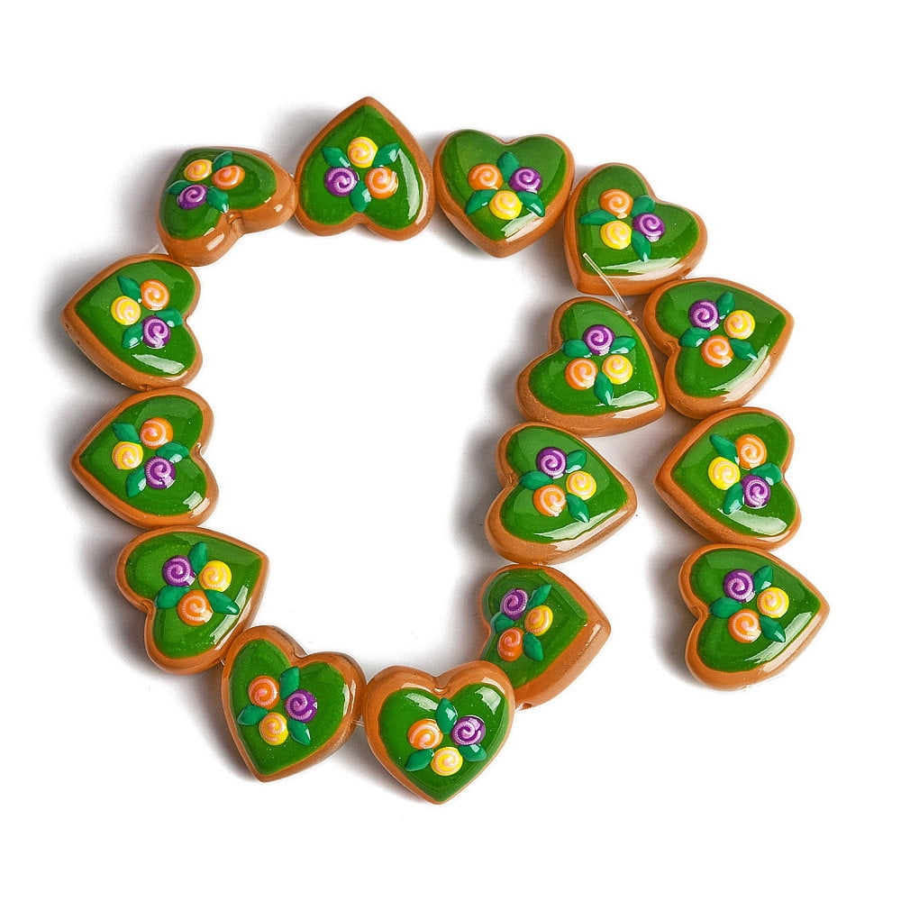 2 strand Handmade Heart Lampwork Beads Strands Flower Green 24~25x24~25x11mm Hole: 1.4mm 15pcs/strand 14.2''(36cm)