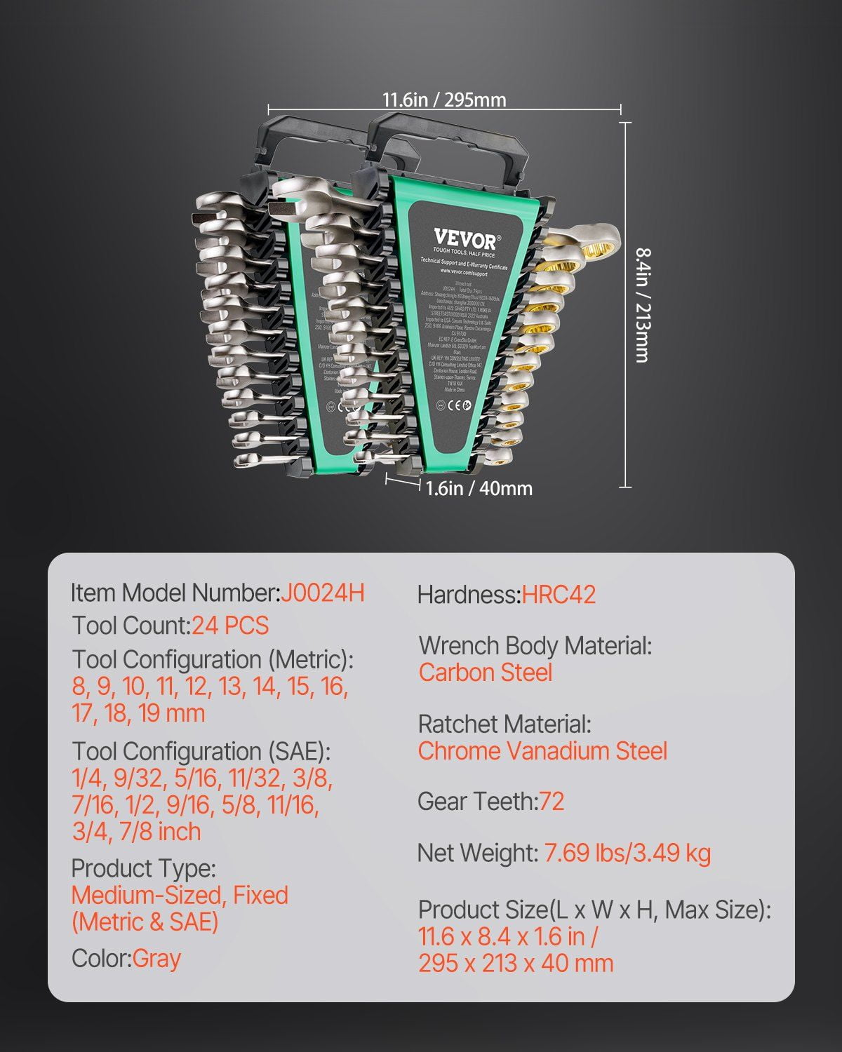 24-Piece Ratcheting Combination Wrench Set with Holder, Cr-V SAE & Metric Sizes (1/4"-7/8" & 8mm-19mm), Ideal for Automotive, Home, and Emergency Repairs