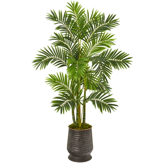 Nearly Natural 63" Areca Palm Artificial Tree in Ribbed Metal Planter